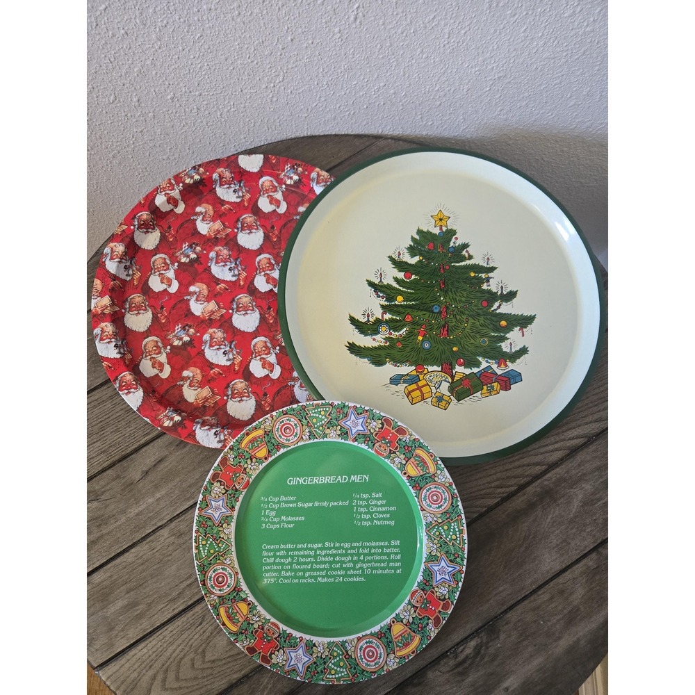 Lot Of 3 Vintage Metal Christmas Trays Gingerbread Santa Christmas Tree Presents